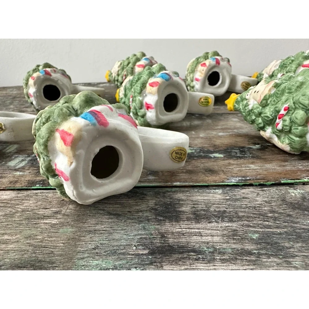 Vintage Set‎ of 8 Ceramic Christmas Tree Napkin Rings Holiday Table Decor